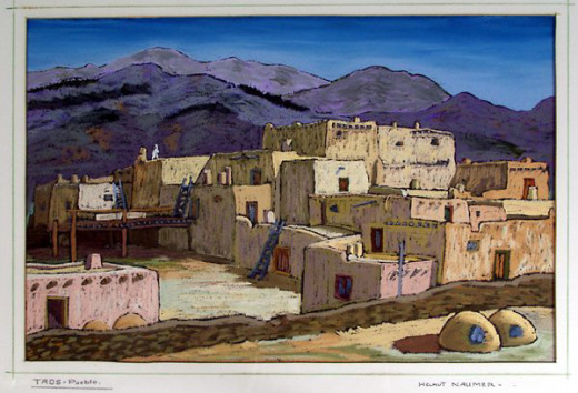 This painting of the Taos Pueblo was done by  Helmut Naumer, Sr.