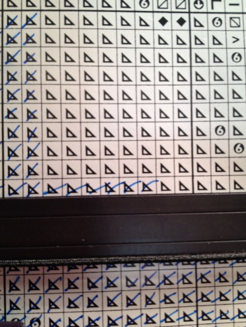 This shows my pattern with the completed stitches marked off. This shows my pattern with the completed stitches marked off.