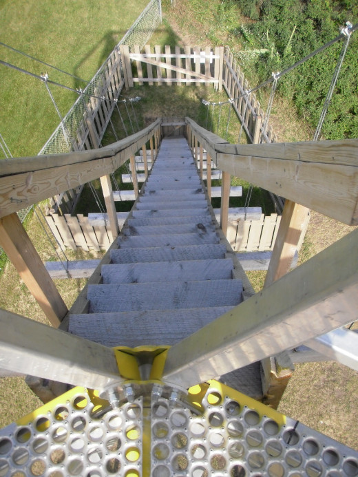 Specially engineered suspended staircase to access Flying Fox Tower.  Because of close proximity to the Trans Canada Highway, the license stipulated that the tower be free-standing, with no attachments that might cause tipping in high winds. 