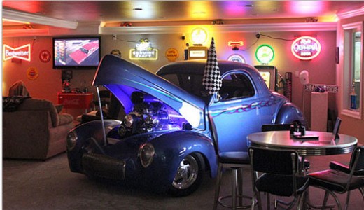 A man cave is reserved for hobbies and other leisurely activities such as working on cars, watching television and drinking beer.