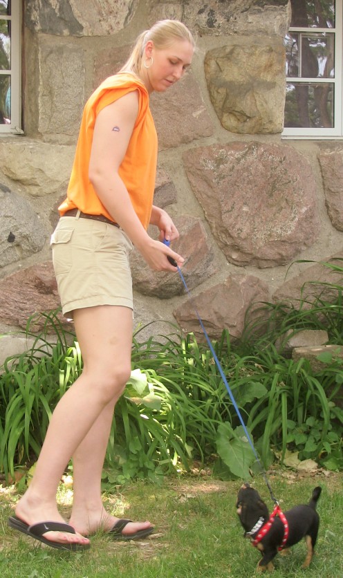 When you first begin playing follow-the-leader with your dog, use a leash; soon he will be able to go off leash. 
