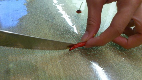 Slice the chilli lengthwise.