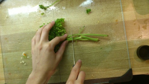 Remove the stems from the coriander or parsley
