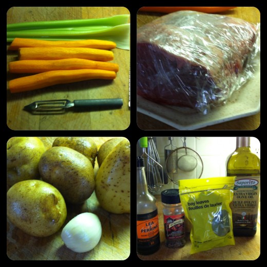 Beef Pot Roast ingredients. Carrots & celery, beef, potatoes & garlic, Worcestershire sauce, Montreal steak spice,  Bay leaf, and olive oil