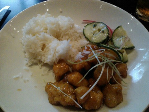 Crispy Honey Chicken served with rice and vinegar cucumbers were delicious!