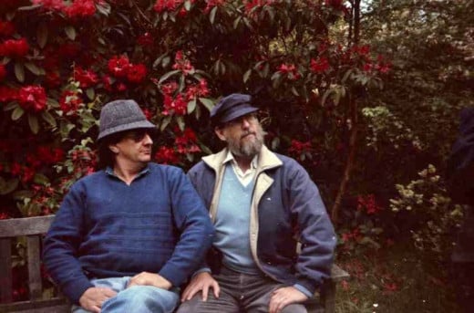 We swopped hats! Pete and I wearing each other's hats in the grounds of Hatfield House, England, in 1993