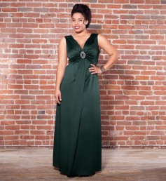 This bejeweled satin gown is a sure stunner. The draped neckline, framed by a sturdy v-neck, ruches into a glamorous rhinestone buckle at the center of the bust.  Price:  Sale $150.00