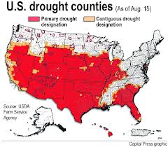 A map showing the counties in America experiencing drought conditions.