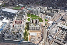 Olympic Village is to become the new neighbourhood of East London at Stratford with private and public housing, schools, shops, transportation, and an orchard. 