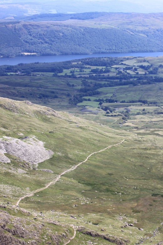 The path in the valley up to Goat Hawse and Coniston Water in the far distance