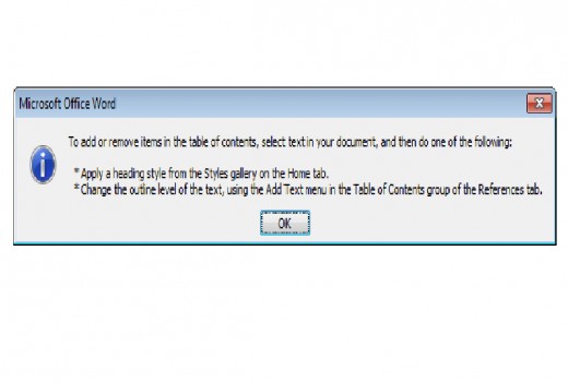 Error received when creating a Table of Contents in a blank Word 2007 document.