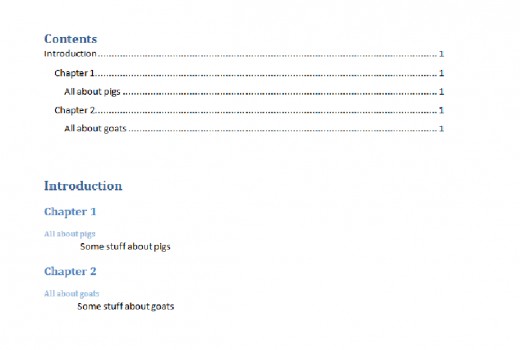 Example of a Table of Contents in Word 2007.