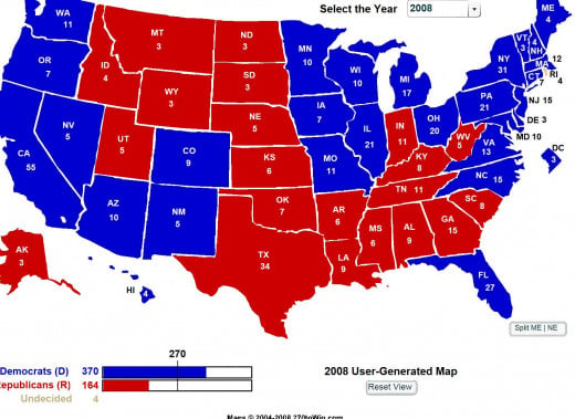 This map shows the electoral votes for the 2008 Presidential election.