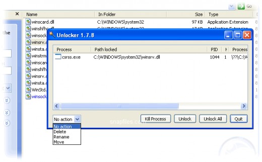 Locked process and file actions to be done through Unlocker.