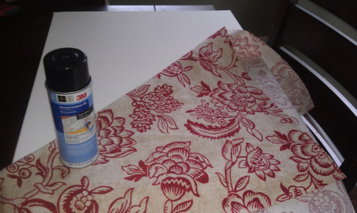 materials needed, spray adhesive, stretched canvas, and fabric of choice