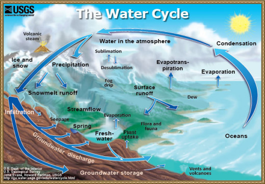 The water cycle takes the earth's water in a circular path from the oceans, lakes and rivers, into the atmospher, down to the earth, and collected back into the waterways.