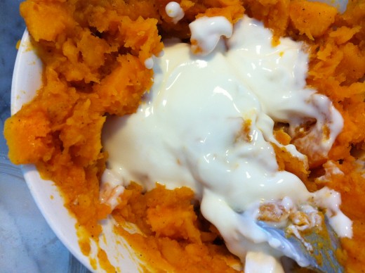 Mix cooked pumpkin with some low- fat yogurt