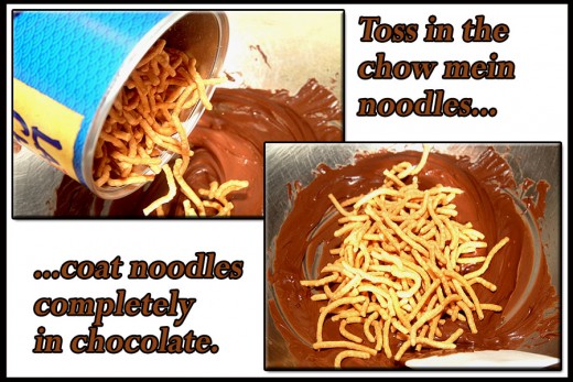 Coat noodles completely with the melted chocolate.