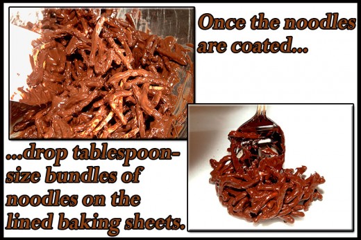 Place tablespoon-size chocolate coated noodle bundles onto the lined baking sheets.