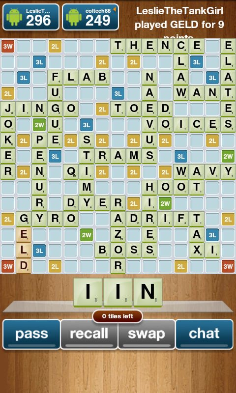 A screen capture of Droid Words, a Scrabble-like game that I am addicted to.  