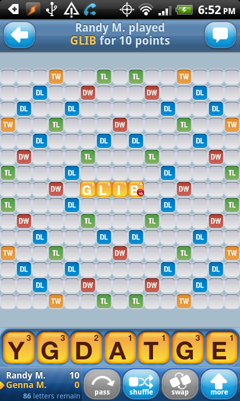 A screen shot of the board layout of a Words With Friends game, which can be played with your Facebook friends.