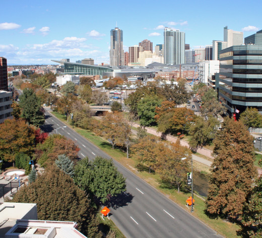 This photo highlights Speer Boulevard, in the heart of downtown Denver.  The Cherry Creek Bike Trail is also visible in the foreground.