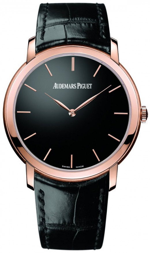The Jules Audemars Extra-Thin, furnished with an ebony dial and a matching bracelet.