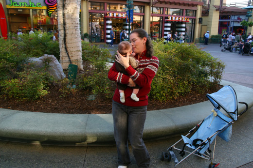 The author with her four month old son in Downtown Disney.