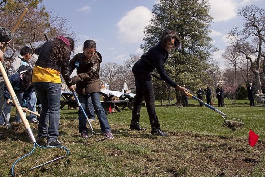 First Lady Michelle Obama working on the White House garden with a few kids