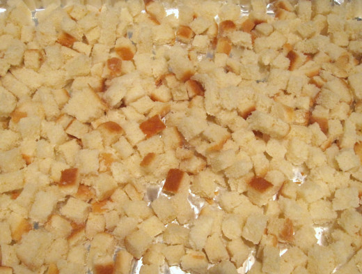 Bread cubes ready to be lightly toasted