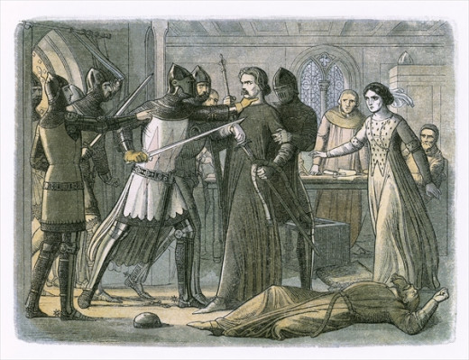 A 19th century engraving depicting Queen Isabella's lover, Roger Mortimer, being seized by her son, King Edward III 
