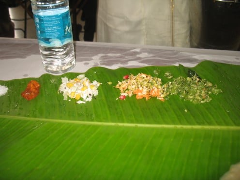 THESE ITEMS MUST BE SERVED ON THE TOP OF THE PLANTAIN LEFT FROM LEFT TO RIGHT.
