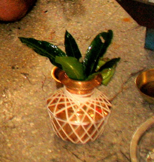 A Copper Vessel with Water in which Mango leafs are dipped is a sign of good fortune.