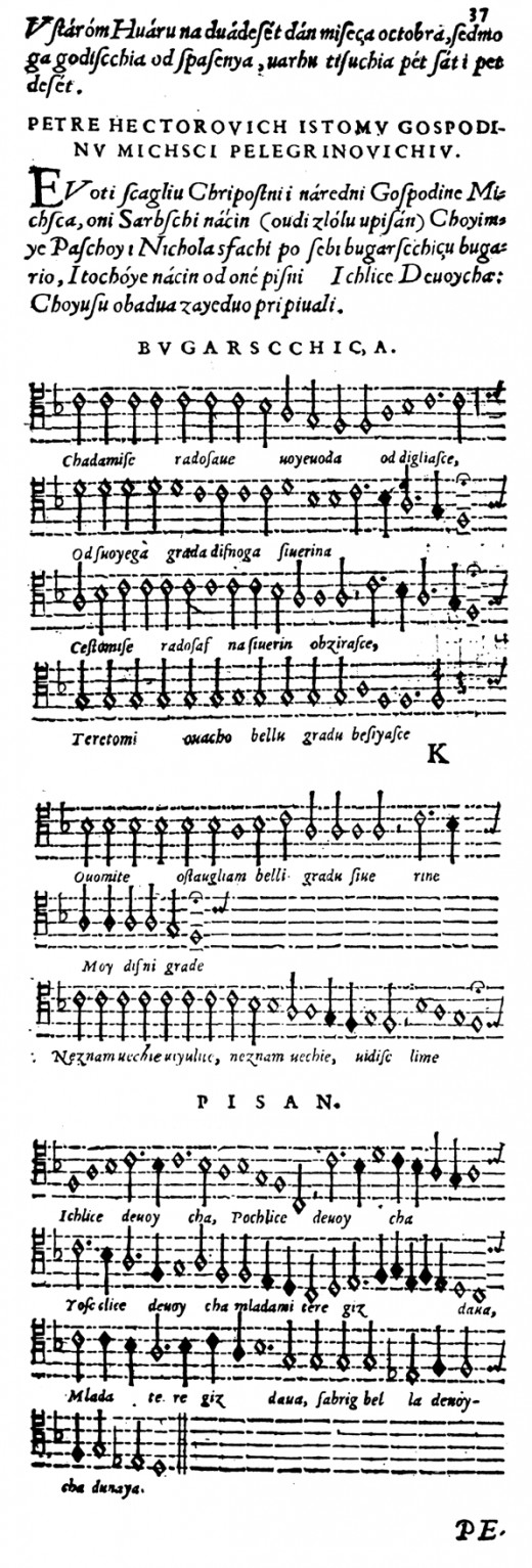 The score of songs "Kada mi se Radosave vojevoda" and "I kliče devojka" from the first edition of Croatian book "Ribanje i ribarsko prigovaranje", written by Petar Hektorovic, Venice, 1568