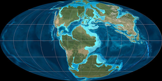 Earth as it was in the Late Jurassic, just as Pangaea was beginning to break apart. The Atlantic Ocean began to form at this point.
