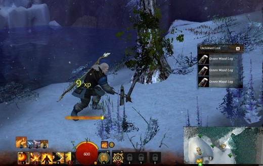 Gathering materials for crafting awards experience comparable to killing mobs. As you can see in the picture the tree is destroyed upon harvesting.