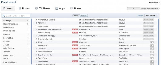Click "All" in the upper right corner of the Purchased page, then select the type of content you want to redownload.