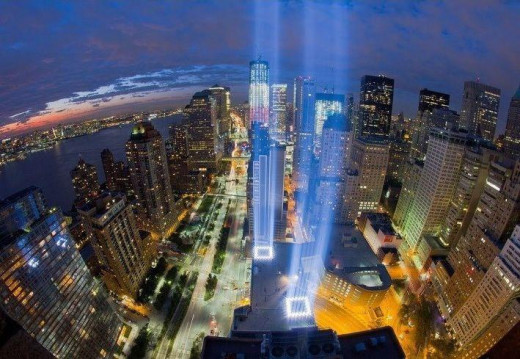 Beams of Light directed toward the sky where the towers once stood