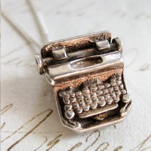 Writers Block – a vintage solid sterling silver typewriter charm with moving parts, hung from a 46cm dainty sterling silver necklace & finished with the sterling VJC tag. 