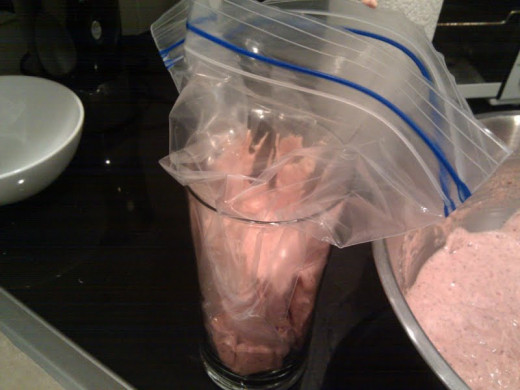 Stand your bag in a tall glass, open it up, and fill it this way. Very easy! 