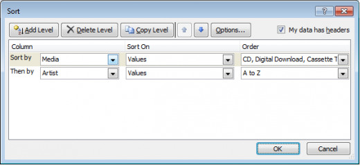 Sorting using multiple criteria in Excel 2007.