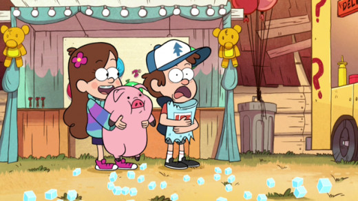 Mabel and Dipper Pines, with a special appearance by Waddles the Pig in Gravity Falls.