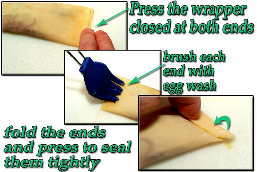 Press the ends closed, brush with egg wash, and fold over and press to seal them.