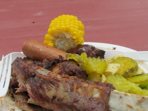 Corn on the cob, hotdogs, hamburgers, spareribs and a variety of salads were part of the barbeque on Cococay island in the Bahamas.
