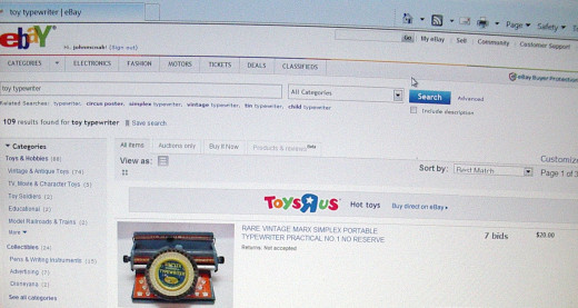 Photo 5    Opening Page after clicking search                                 for 'toy typewriter'.