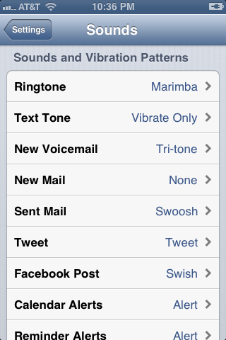 The words "Vibrate Only" appear to the right of the Text Tone option in the Sounds and Vibration Patterns section.