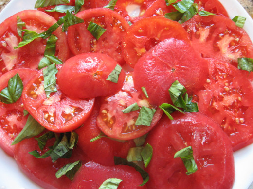 Some people like them skinned. Shown with basil. 