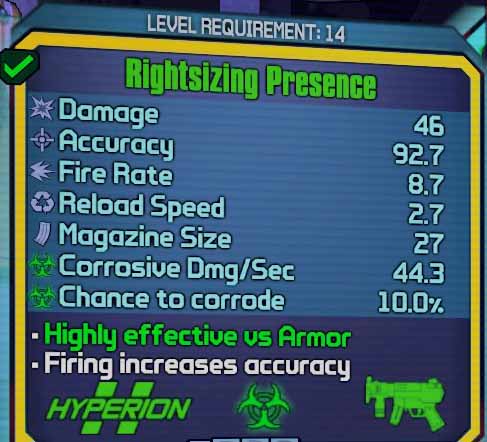 Borderlands 2 - an example of a corrosive submachine type of weapon.