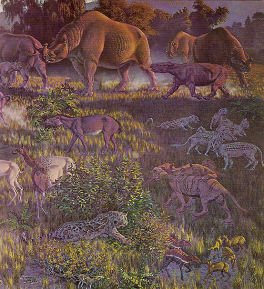 A restoration of the fauna that lived in North America during the Oligocene, included the brontotheres (the lumbering beasts at the top of the picture).