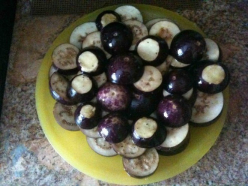 Sliced eggplant with sea salt and dried basil basted in olive oil